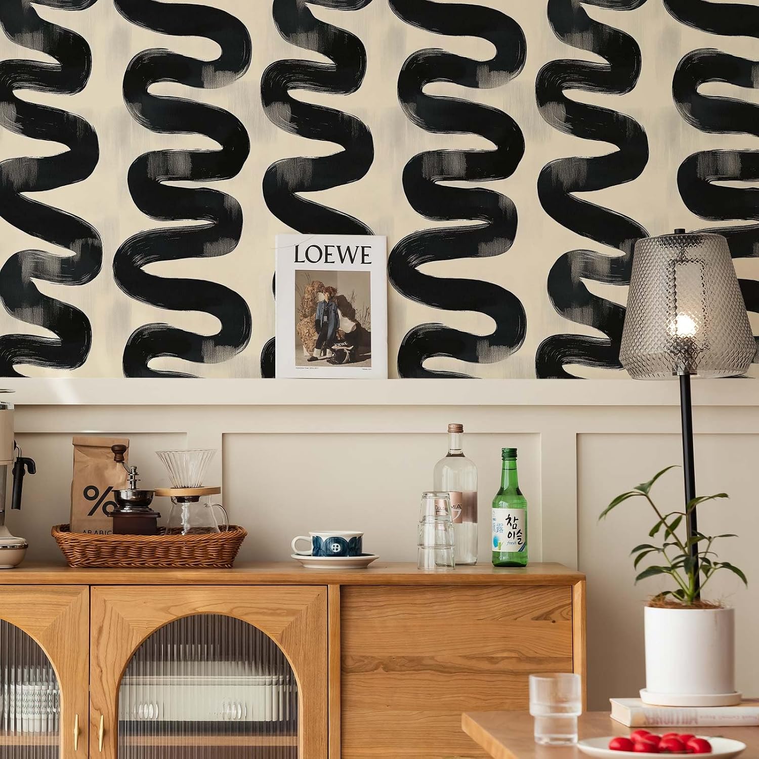 Modern Black and White Wallpaper Peel and Stick, Minimalist Abstract Wavy Line Wall Paper, Self-Adhesive Vinyl Wallpaper for Living Room Bedroom Office, 17.7" x 236"