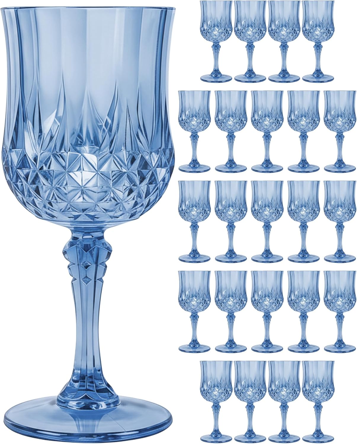 Plastic Wine Glasses Set, 7oz Vintage Goblets Shatterproof Unbreakable Reusable & Disposable, Drinking Glasses with Stem, for Wedding Outdoor Dinner Easter Party (24pcs, Blue)