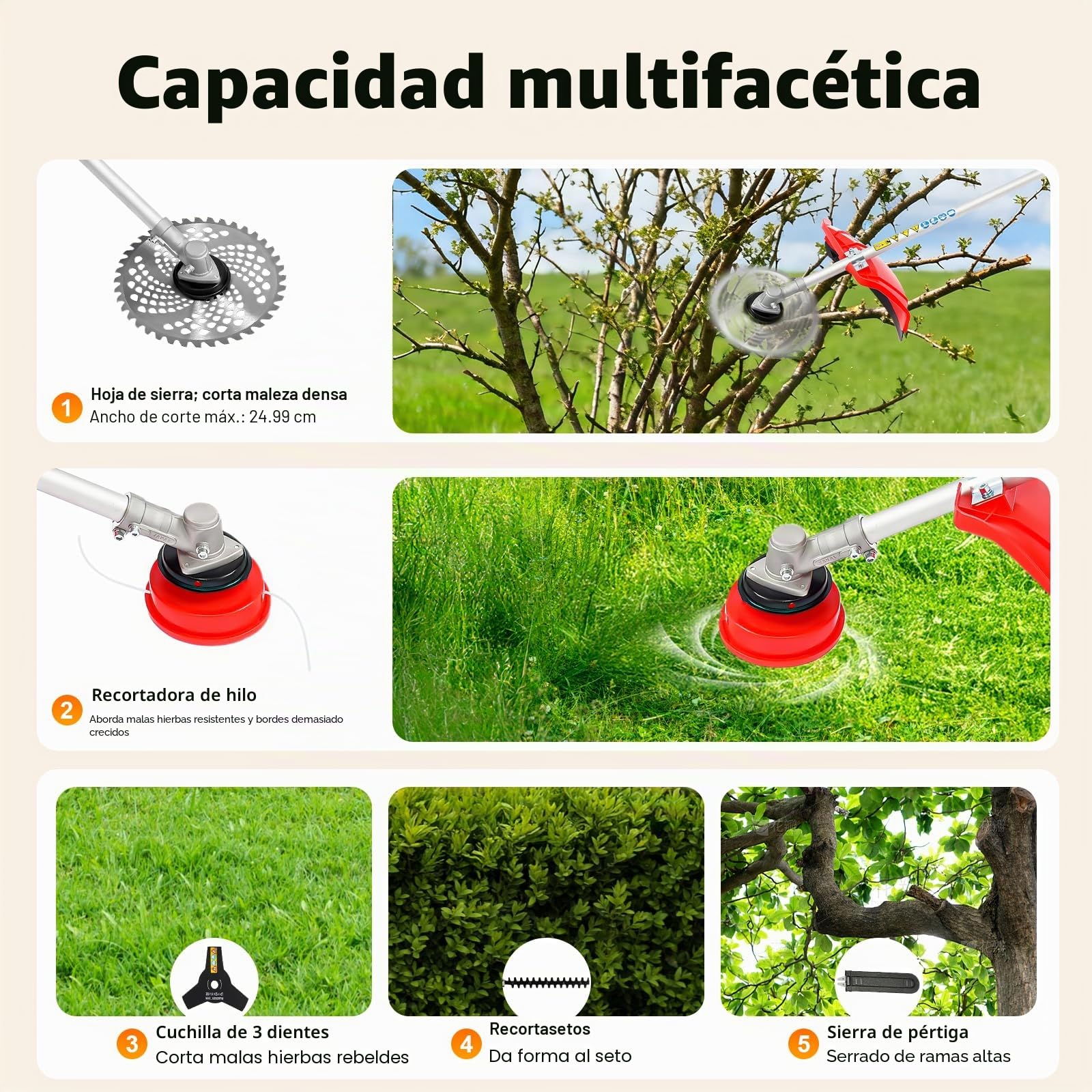 Herramienta multifunción de jardín de gasolina de 52 cc con desbrozadora, cortabordes, motosierra y cortasetos en uno, multiherramienta 4 en 1 para jardín, incluye 3× barras de extensión de 85 cm y