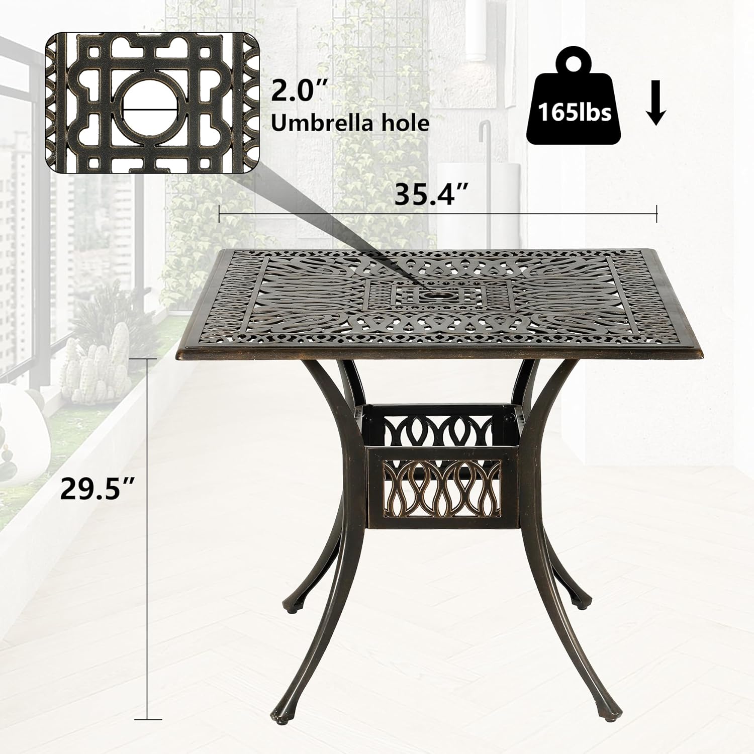 35.4in Square Cast Aluminum Patio Bistro Table, Outdoor Dining Table with 2" Umbrella Hole, Weather-Resistant Table for Porch, Backyard, Garden, Balcony, Bronze (35.4" Square Table)