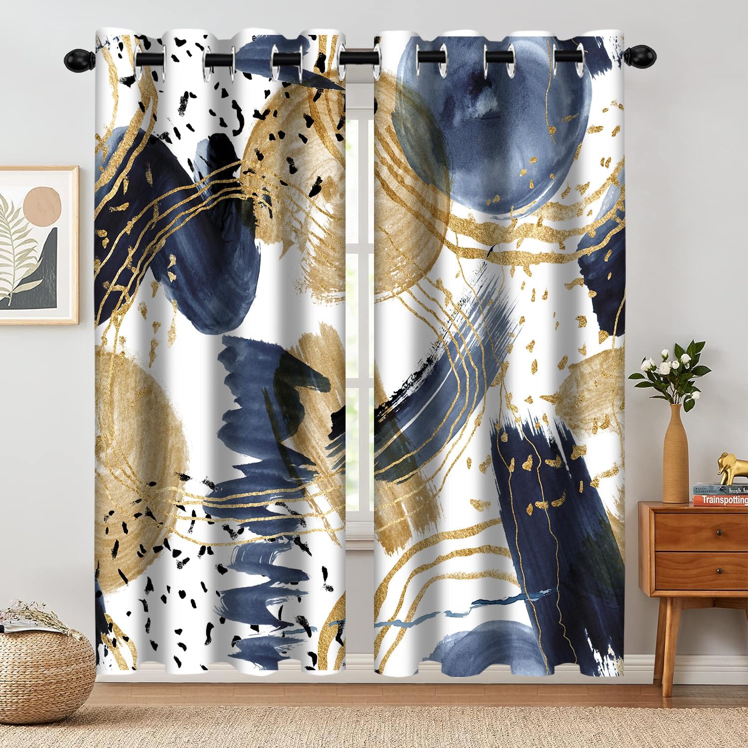Abstract Blue Gold Blackout Curtain, Boho Aesthetic Modern Window Curtains Living Room Bedroom Decor Thermal Curtain Darkening Grommet Window Drapes Treatments, 2 Panels 52x84 Inch