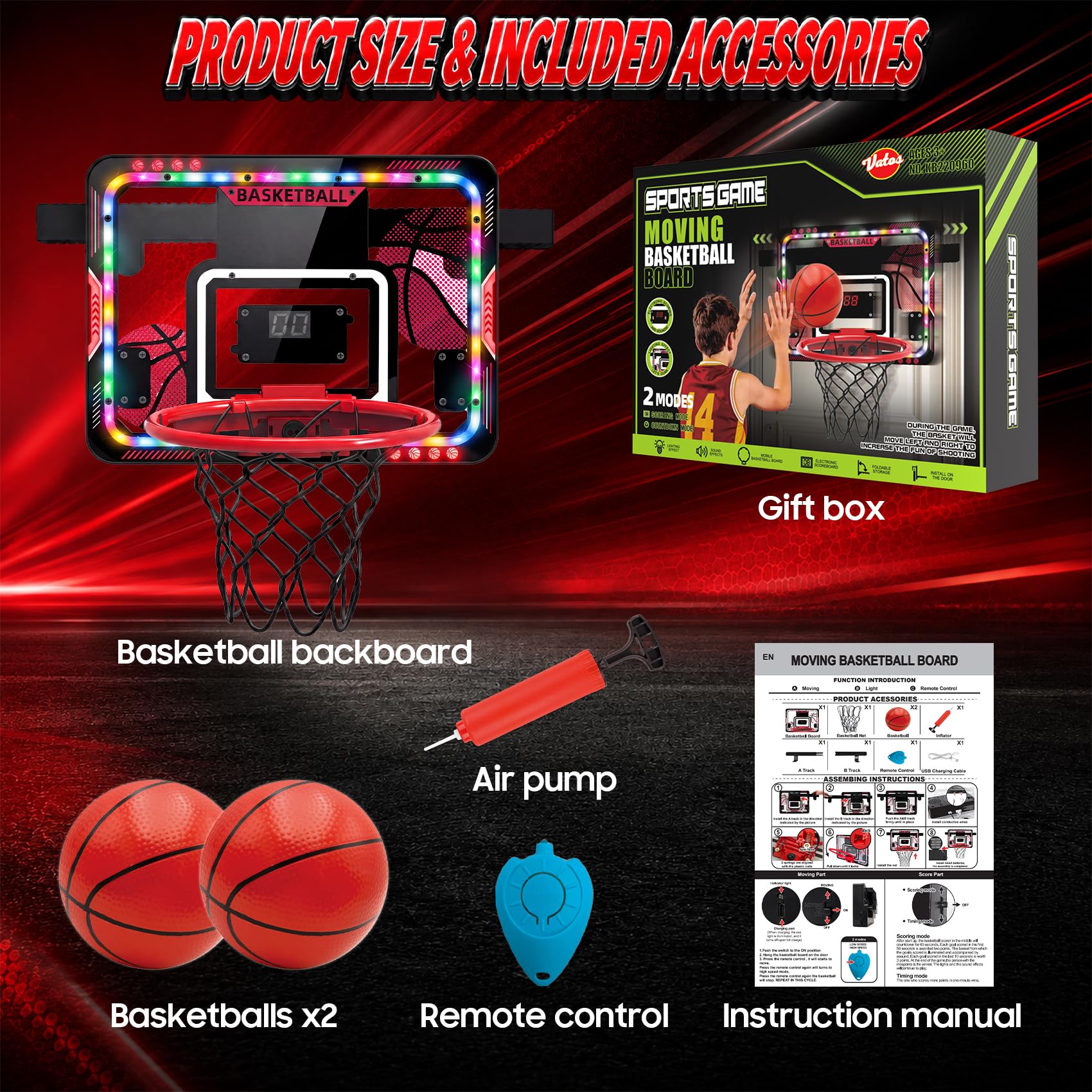 VATOS Canestro da Basket Mobile Interno per Bambini, Canestro da Basket da Porta con Luci Led/Tabellone Segnapunti/Palline, Giocattolo Basket Telecomandato, Regalo Divertente per Maschi