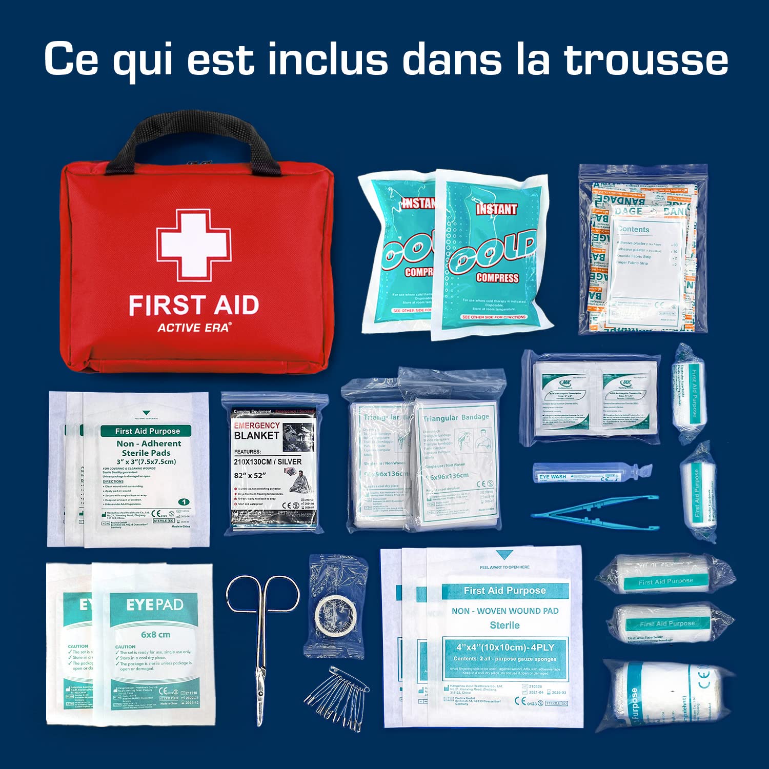 Trousse de Premiers Secours Composée de 90 Articles avec Packs de Froid Instantané, Sérum Physiologique et Couverture de Survie Isothermique