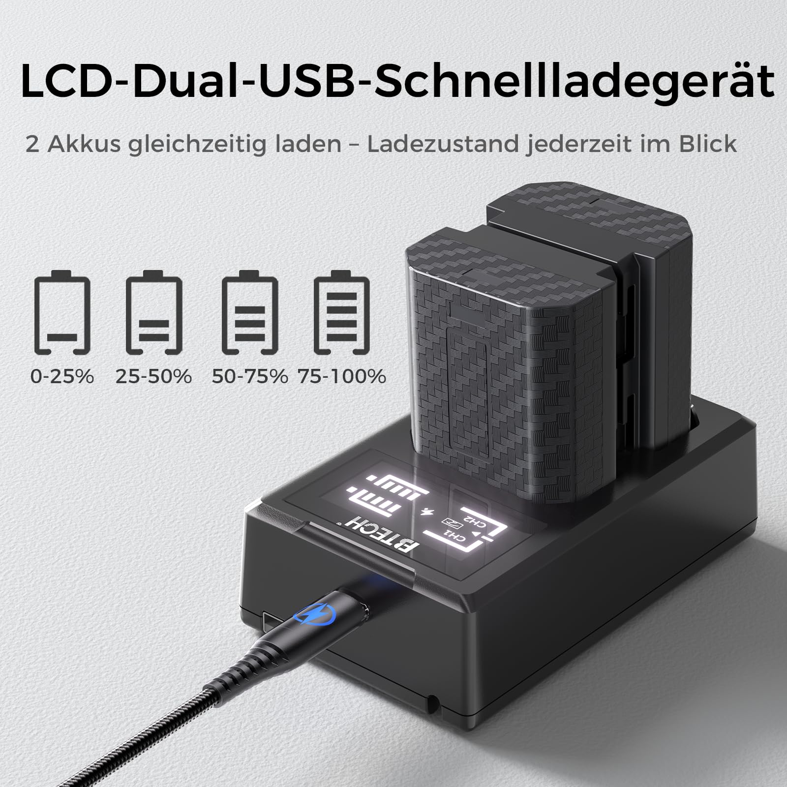 BTECH NP-FZ100 Akku 2600mAh 2er-Pack mit USB-C PD 18W Dual Schnellladegerät, kompatibel mit Sony A7 III, A7 IV, A7R III, A7R IV, A7R V, A7C, A7S III, A9, A6600, A6700, FX3, FX30