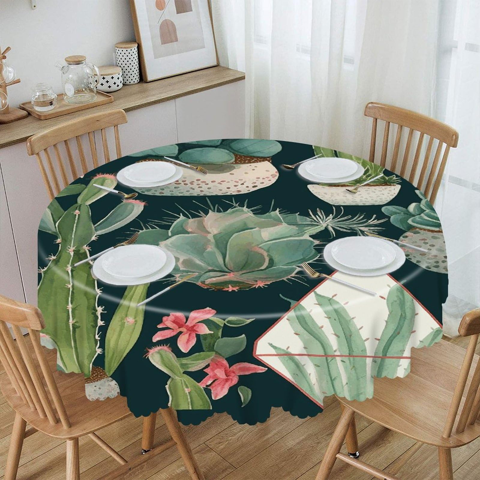 VstaDank Succulent Plants and Cactus Round Tablecloth Premium Polyester Table Cloth Heavy Duty Washable Fabric Tablecloth Waterproof Holiday Table Cover Decorative Tablecloths for Dining 60"
