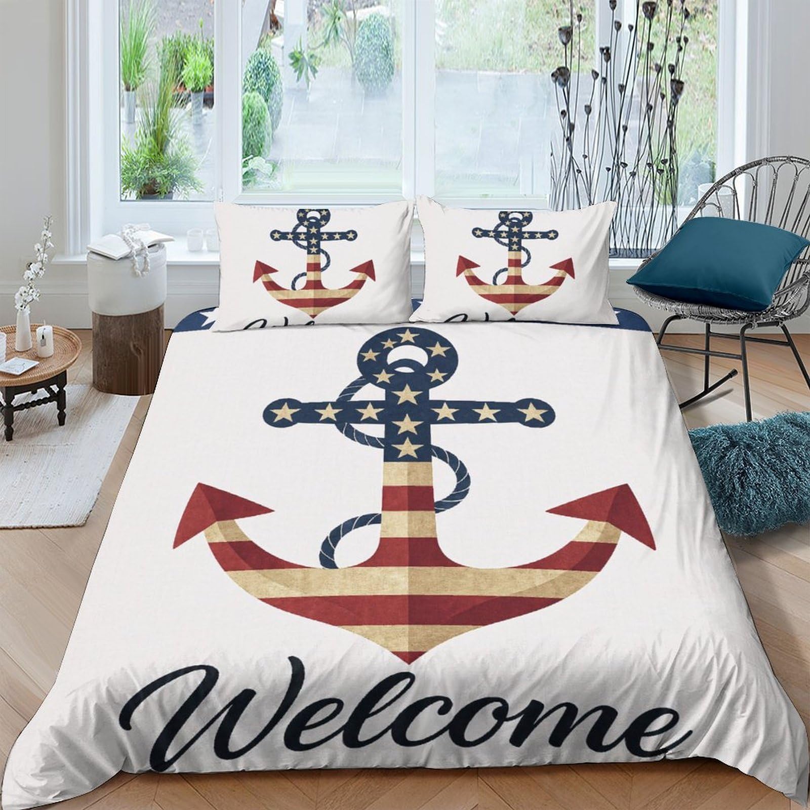 GPLZQXKJNH 3D Printed Nautical Anchor Duvet Cover Microfiber Soft Breathable Welcome Bedding Set with 2 Pillowcases for Bedroom Decor Single（135x200cm）