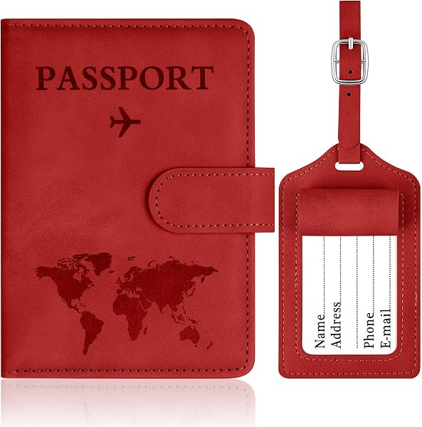 OFFCUP Custodia per Passaporto, Custodie Porta Passaporto con Blocco RFID, Custodia Passaportos con Etichetta Valigia in Pelle PU per Carte d'Identità Carte di Credito, Passaportos Pass (Rosso) - 1