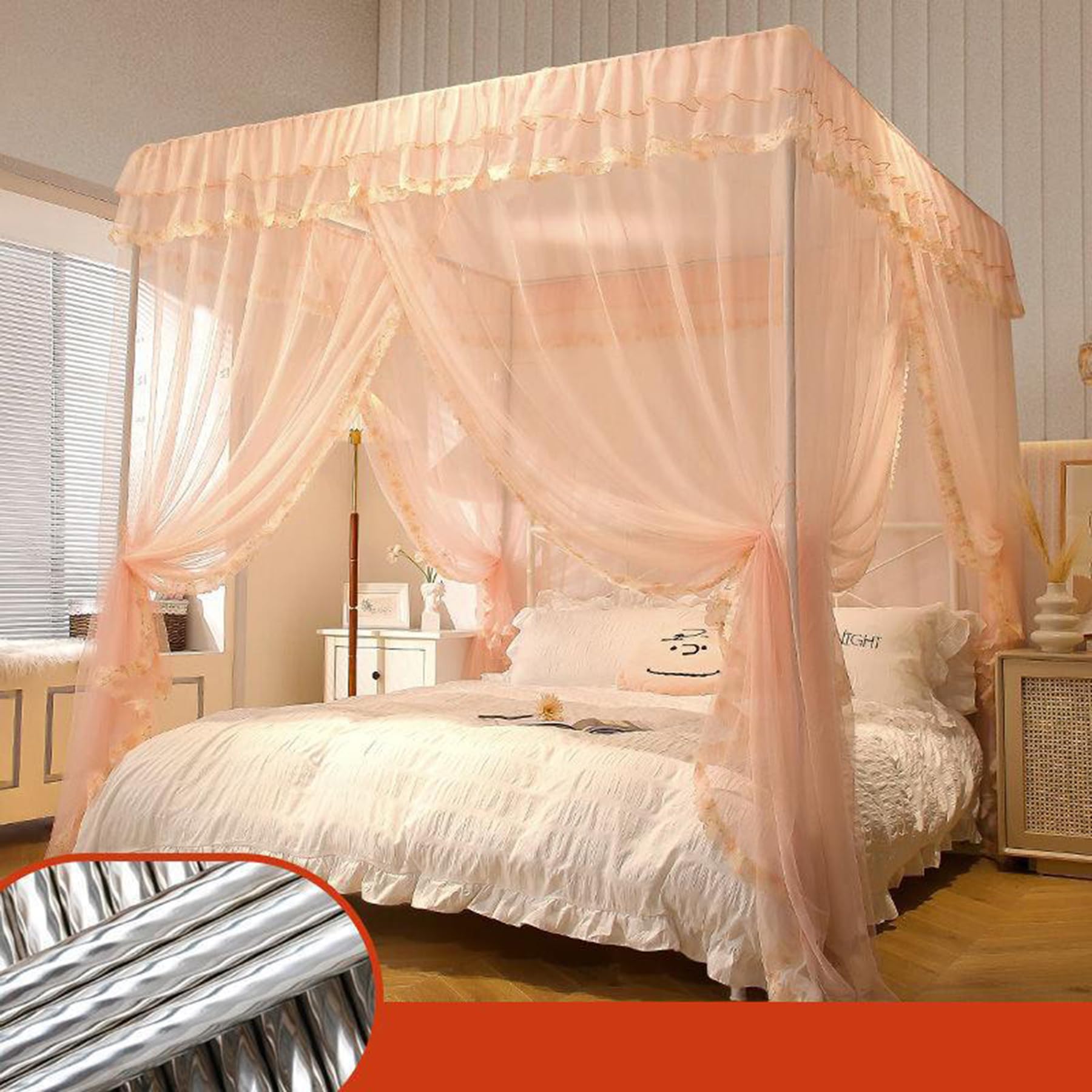Canopy Bed Frame Post 4 Corner Bed Canopy Post Frame Net Bed Netting Canopy Frame Stainless Steel Canopy Bed Frame with Curtains,Warm jade,King L