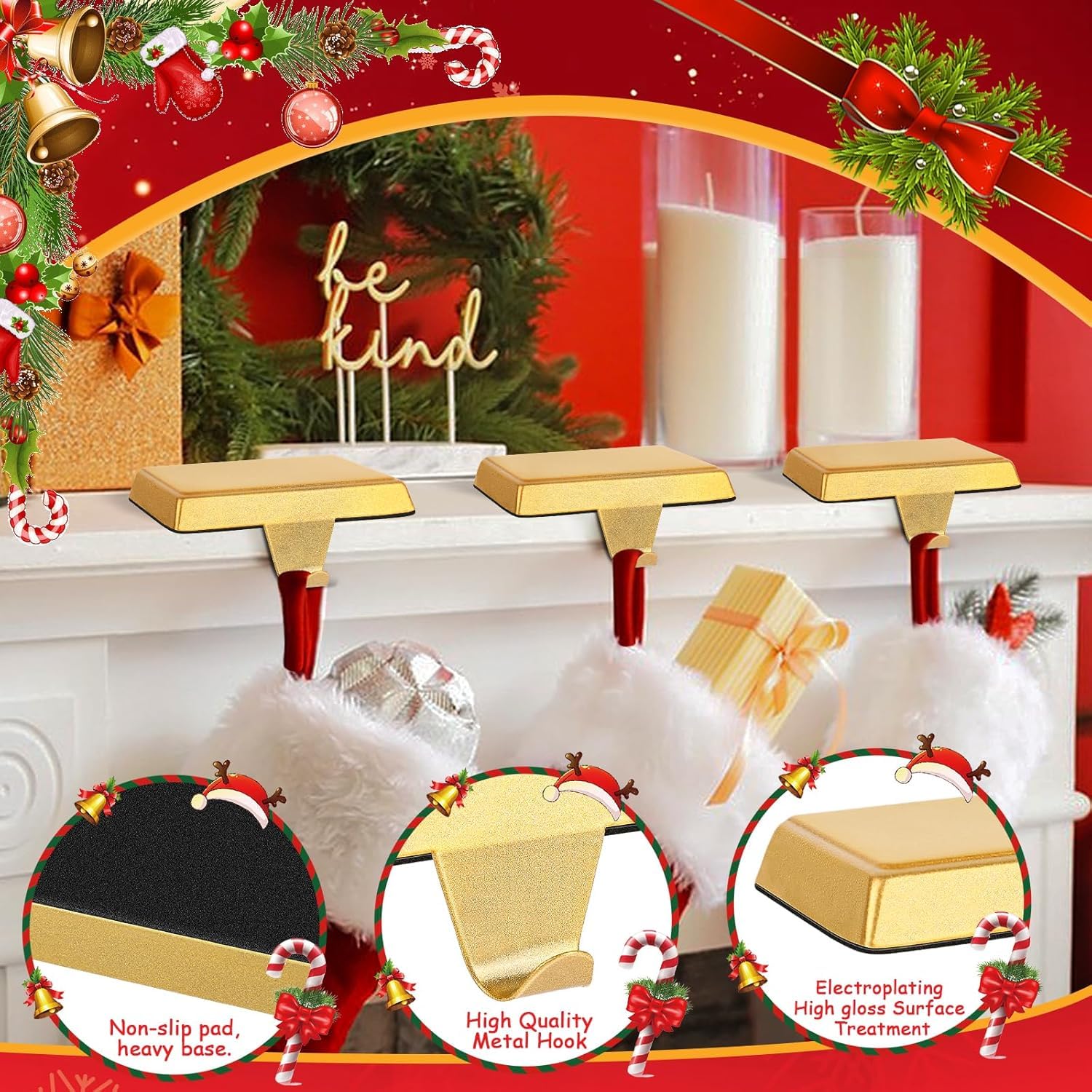 LATERN 4 supporti per calze di Natale, in metallo dorato, ganci antiscivolo per regali di Natale, camino, camino, finestra, casa, ornamenti natalizi per feste