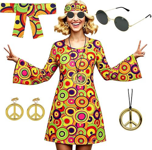 AYBUY Disfraz Hippie Mujer, 6 Piezas Conjunto de Disfraz Hippie Años 70, Disfraces de Hippies Accesorios con Collar, Pendientes, Diadema, Gafas de Sol, Vestido Hippie para Carnaval y Halloween