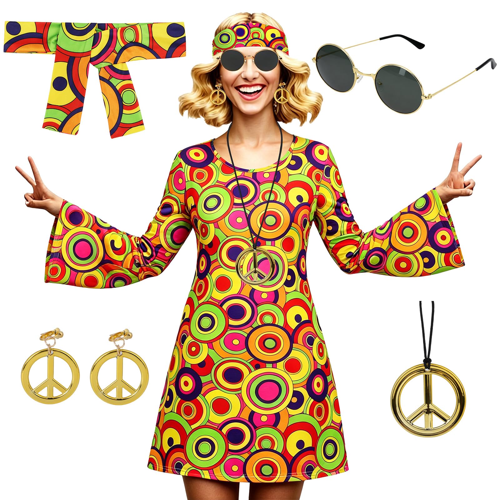 AYBUY Women’s Hippie Dress, 60s 70s Fancy Dress Women Disco Outfit with Necklace, Earrings, Sunglasses and Band, 1960s 1970s Retro Hippy Clothes for Halloween Carnival Cosplay Party, XL (Style B — image 1