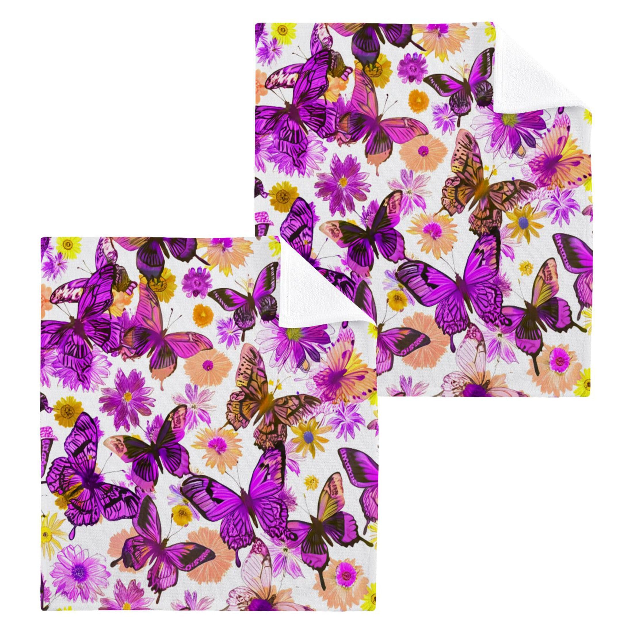 Kigai Purple Butterfly Flower 2 Pack Washcloths Cotton Soft Absorbent Skin Friendly Wash Cloths Fingertip Towels Machine Washable 12x12 in