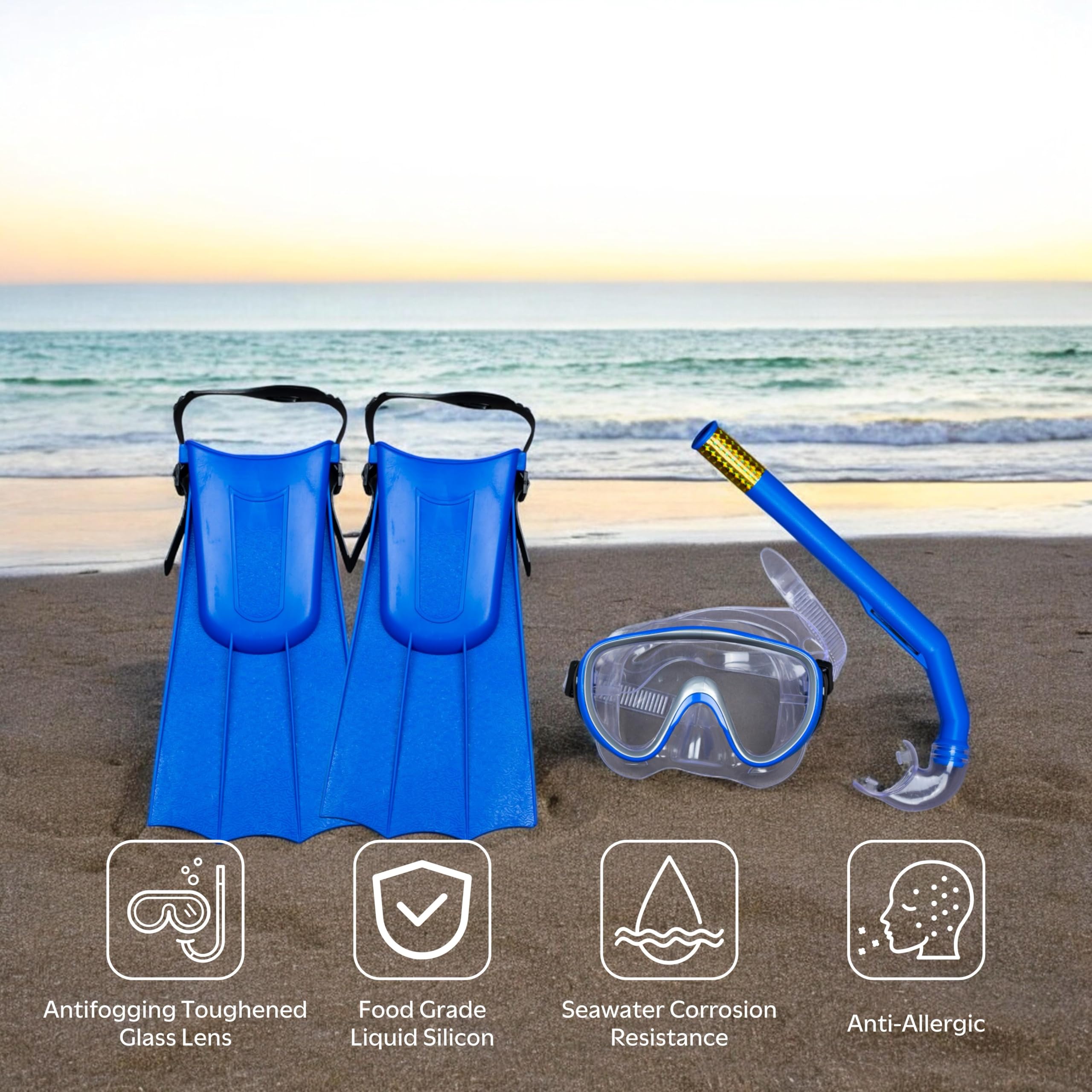 KRESHU Anti-Fog Kids Diving Goggles Mask Flippers Scuba Snorkel Diving Combo Set Swimming Kit Aqua Quest Mask, Snorkel & Fin Set (Blue, Pack of 1) 4
