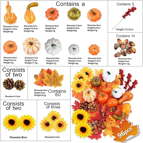 Miniatura 2 de 96 piezas de calabaza artificial de Halloween y calabaza hoja de arce, girasol, fruta roja, piña, bellota, cosecha, mezcla de calabaza falsa