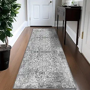 vivorug Grey Runner Rug 2x10 Machine Washable Rug with Non-Slip Backing, Ideal for Kitchen Hallway Entryway Laundry Room - Vintage, Durable, Easy Clean, Low Pile Carpet Runner