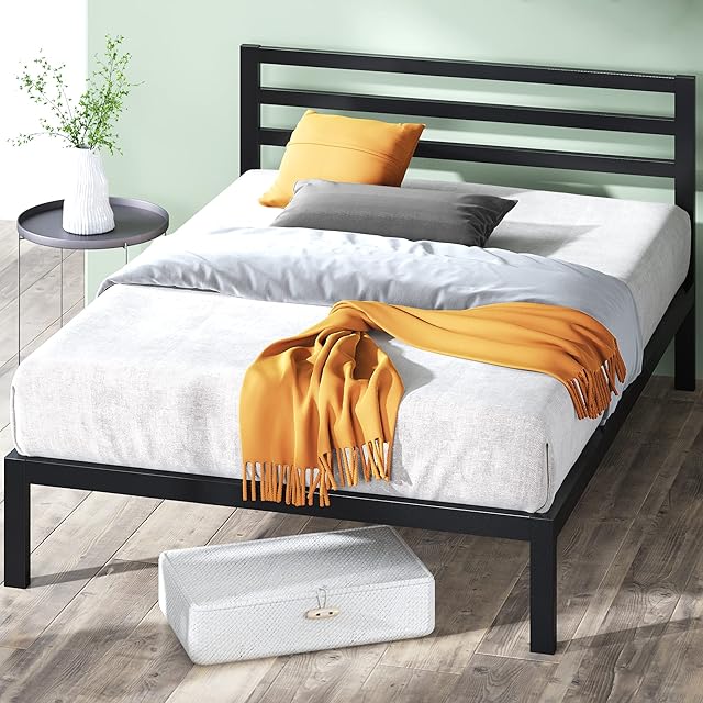 ZINUS Mia Modern 36 cm Metal Platform Bed Frame with Headboard | Wood Slat Support | Easy Assembly | Under Bed Storage | Double | Black