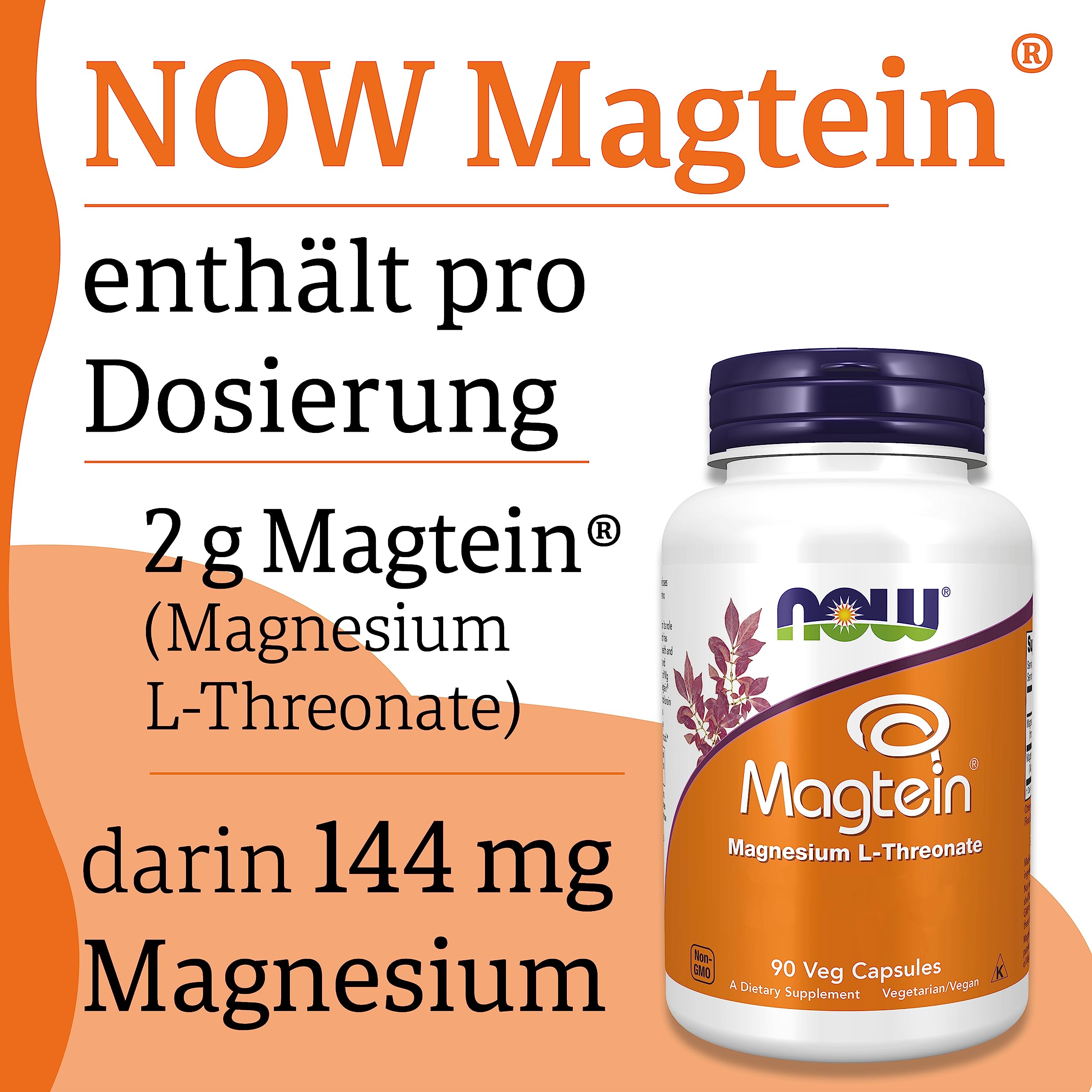 Now Foods Magtein, 90 vegane Kapseln, Laborgeprüft, Glutenfrei, Sojafrei, Ohne Gentechnik