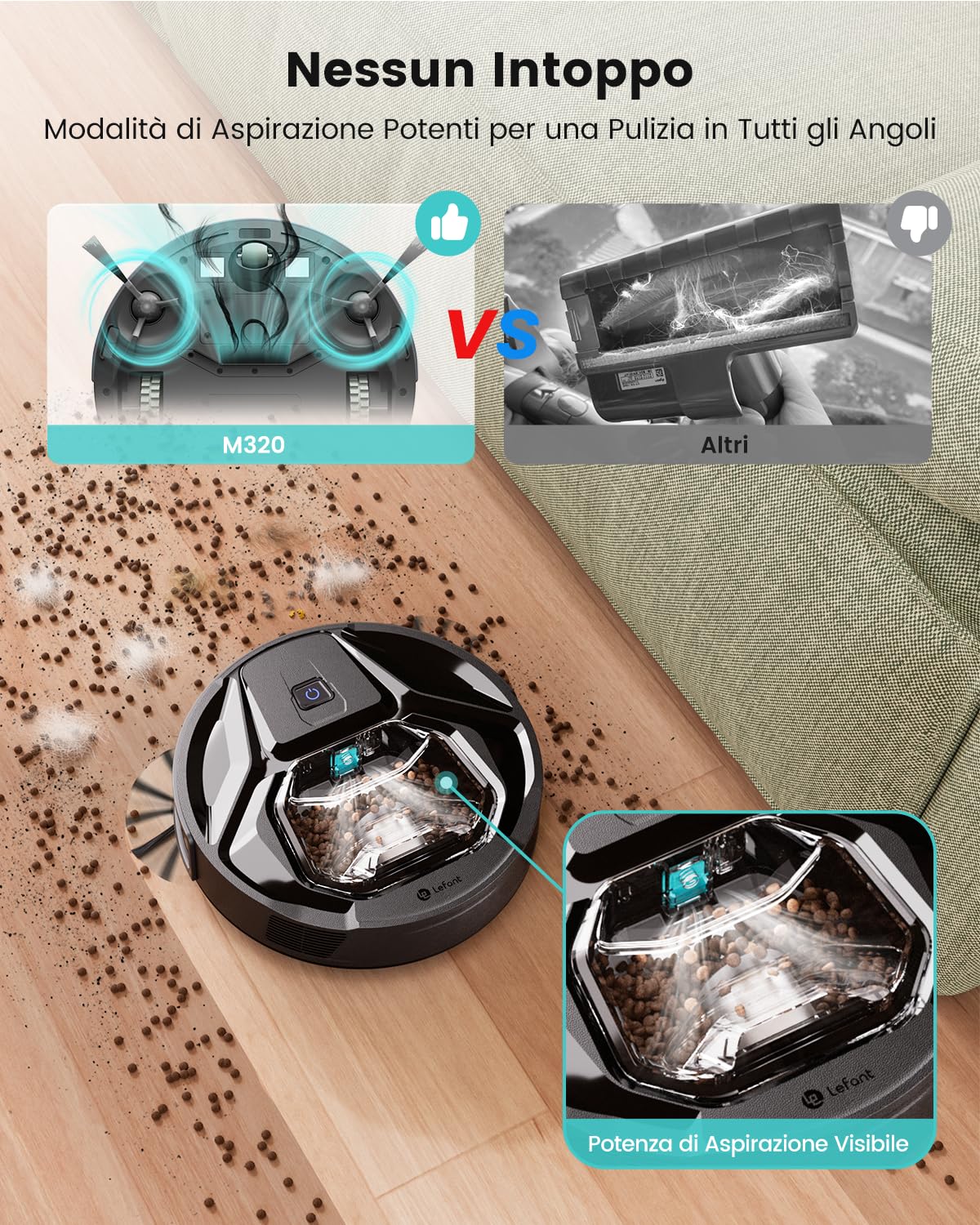 LEFANT M320 Robot Aspirapolvere,Pattumiera Visiva da 800 ML, 6000 Pa Potente Aspirazione,210 minuti,Pressurizzazione Tappeti,Antigroviglio,Adatto Per Peli di Animali Domestici e Pavimenti Duri, Nero
