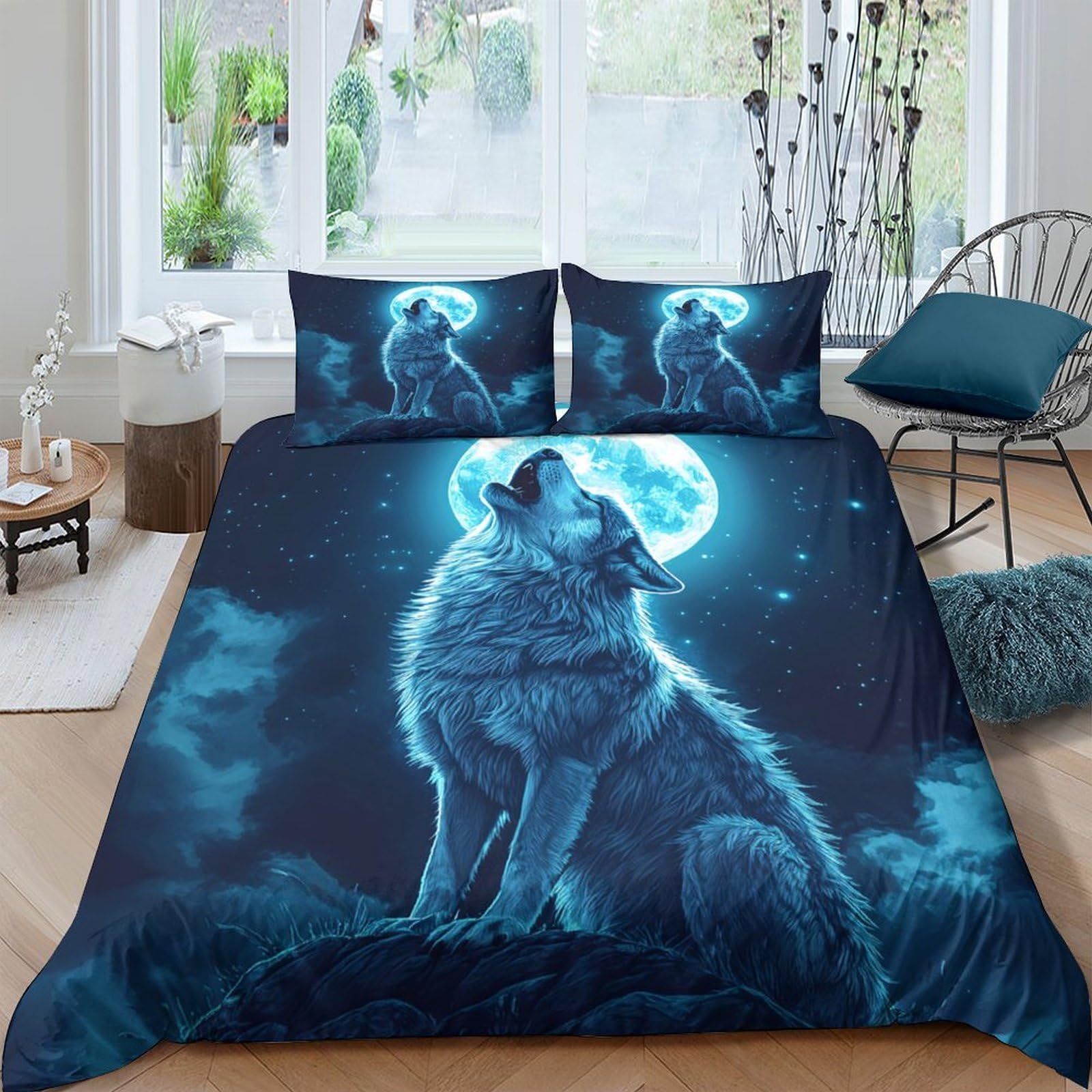 Ctjqhvkz Style-3 3D Printed Wolf Moon Fitted Sheet Microfiber Dark Blue Mattress Cover For Bedroom Guest Room Decor Easy Care Single（135X200cm）