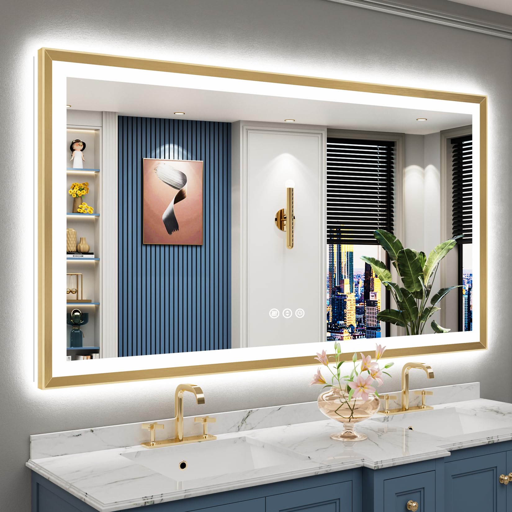 66x36 Gold Beveled LED Lighted Bathroom Mirror, Backlit &amp; Front Lit
