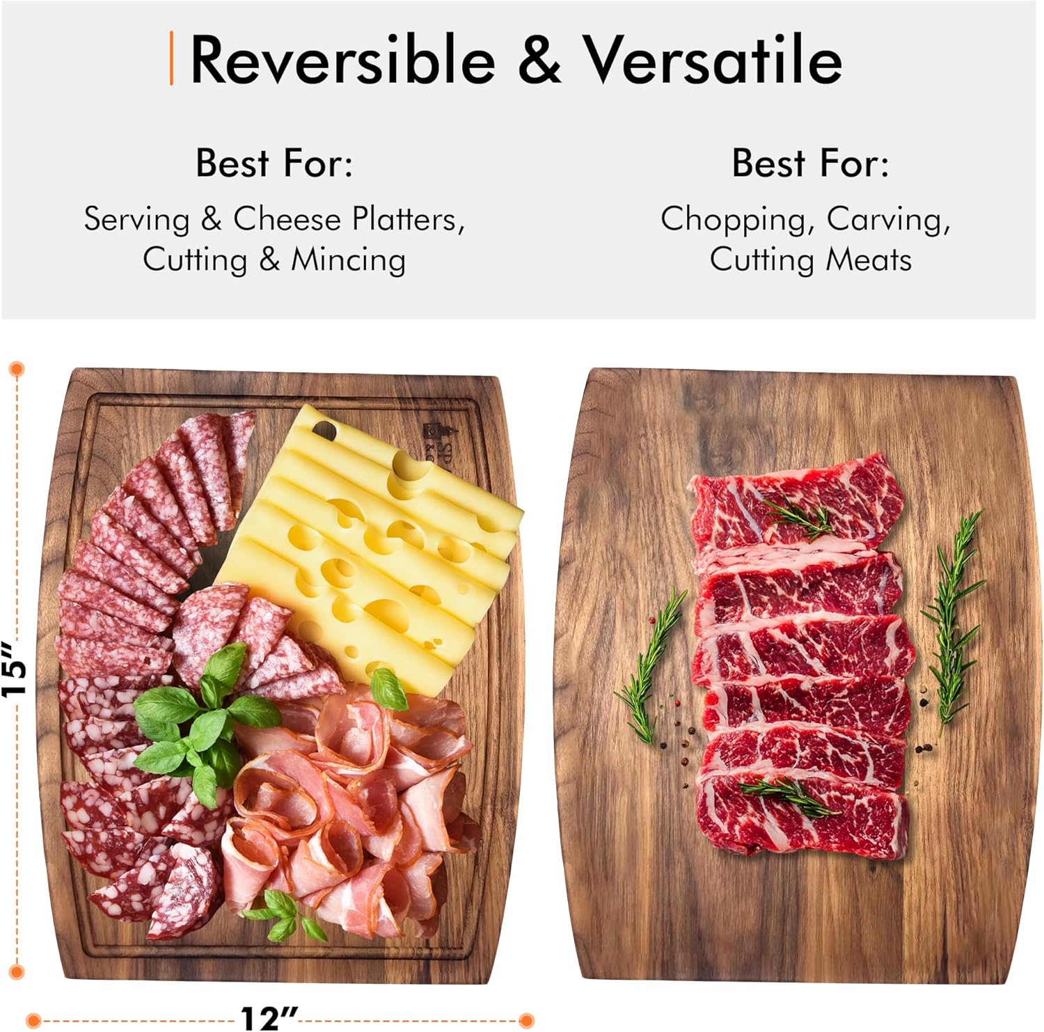 Spartali & Company Black Walnut Cutting Board Set for Kitchen, Reversible Wooden Chopping Board With Juice Grooves, Made from American Black Walnut, set of 2 sizes 12x9 & 15x12. Gift Box included!