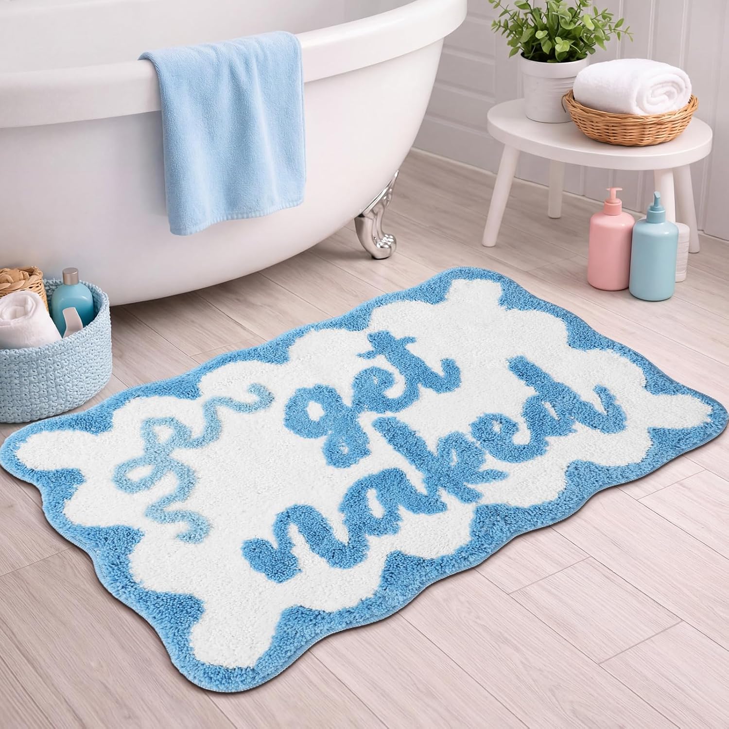 Boao Get Naked Scalloped Bath Mat Blue Bow Bathroom Rug 20 x 32 Inch Absorbent Non Slip Plush Tufted Spring Rug Cute Preppy Aesthetic Bathroom Decor for Bath Tub Floor Carpet Sink Shower