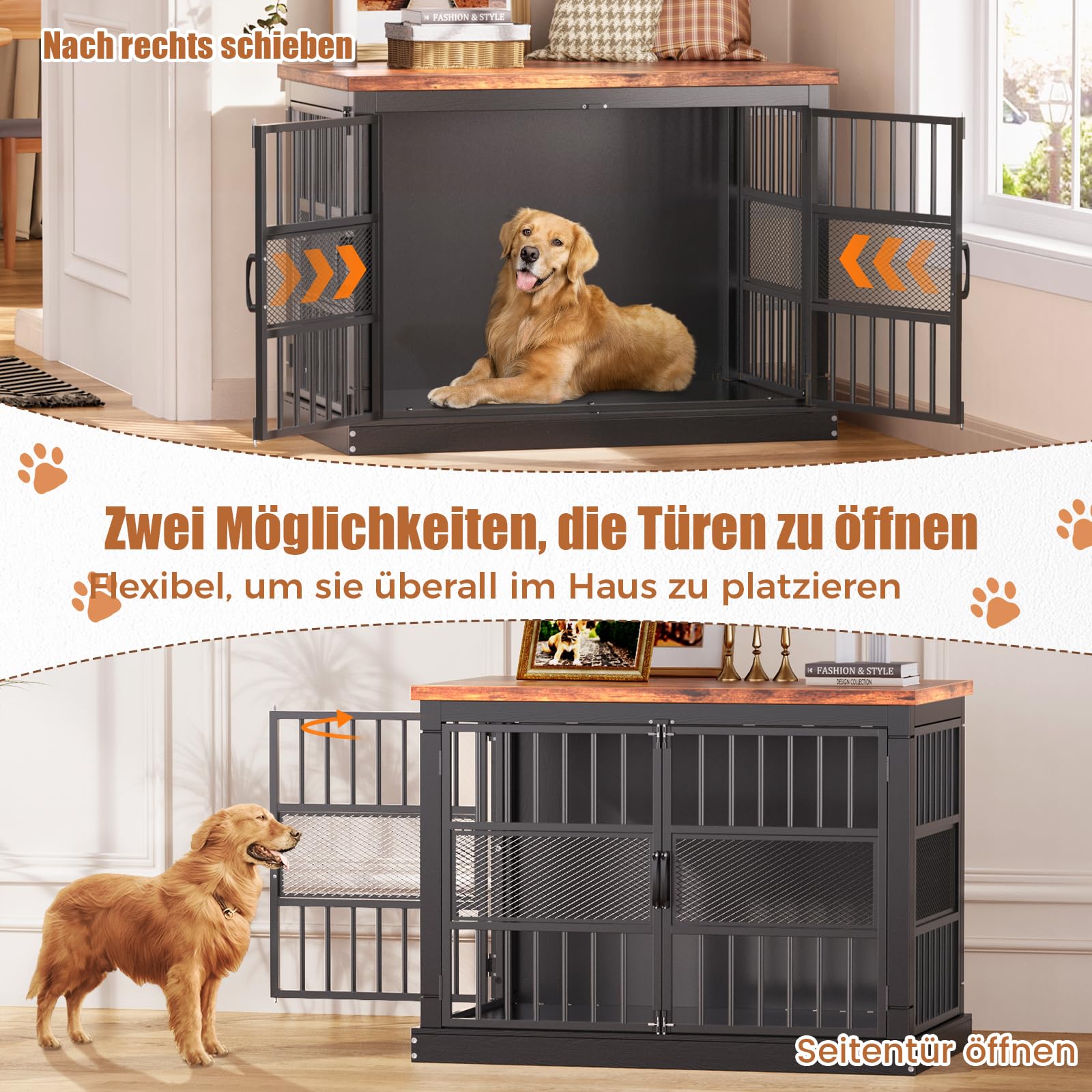 Hundekäfig Möbel, 104 cm Großer Hundebox für den Hausgebrauch, Modernes Indoor Holz-Hundekäfig, Doppel-Tür-Design, Bissfest, Geeignet für Kleine/Mittelgroße/Große Hunde, Schwarz, 104x51x78 cm