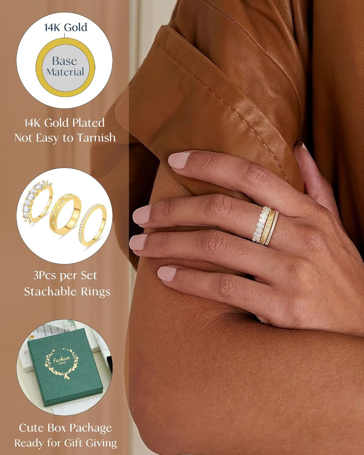 Stackable Gold Rings for Women Non Tarnish Chunky 14K Gold Plated Stacking Cubic Zirconia Engagement Thumb Ring Set Stack Pack Statement Wedding Band Rings Promise Rings Gold Jewelry - Image 3