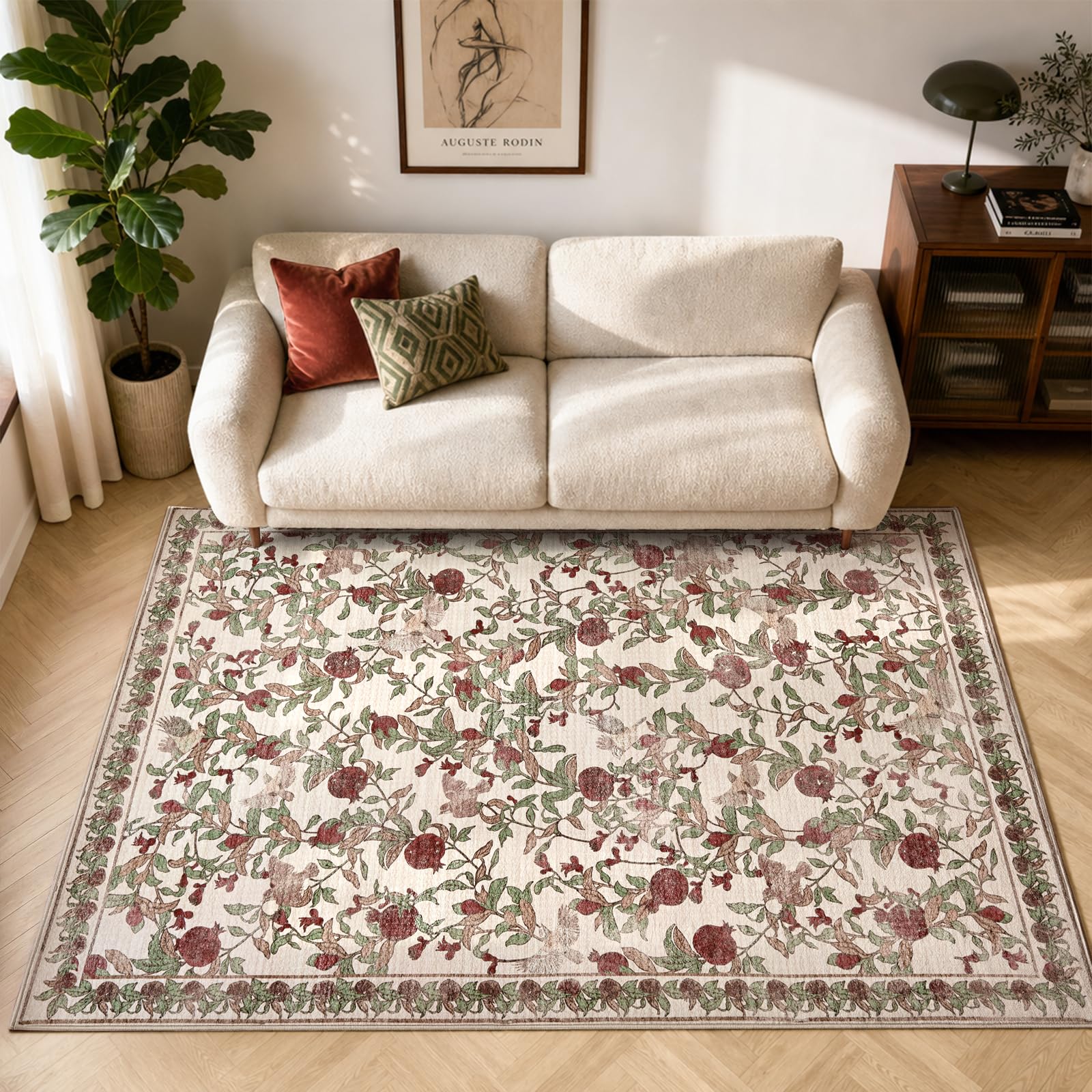 TOPICK Beige Red Vintage Washable Rug 140x200, Cashmere Texture, Non-Slip — image 1
