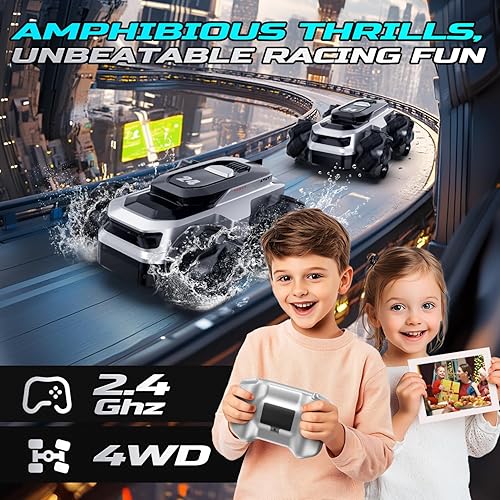 Miniatura 7 de DEERC Auto a control remoto para niños Auto RC convertible anfibio de tierra y agua, vehículo de acrobacias impermeable con giros de 360, juguete
