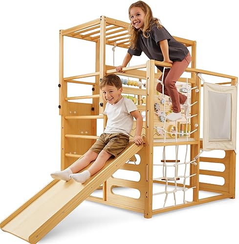 Avenlur Gimnasio Montessori Alpino de Madera para Selva Interior con Columpio, Juguetes de Escalada para Niños Pequeños y Bebés, Pared de Roca