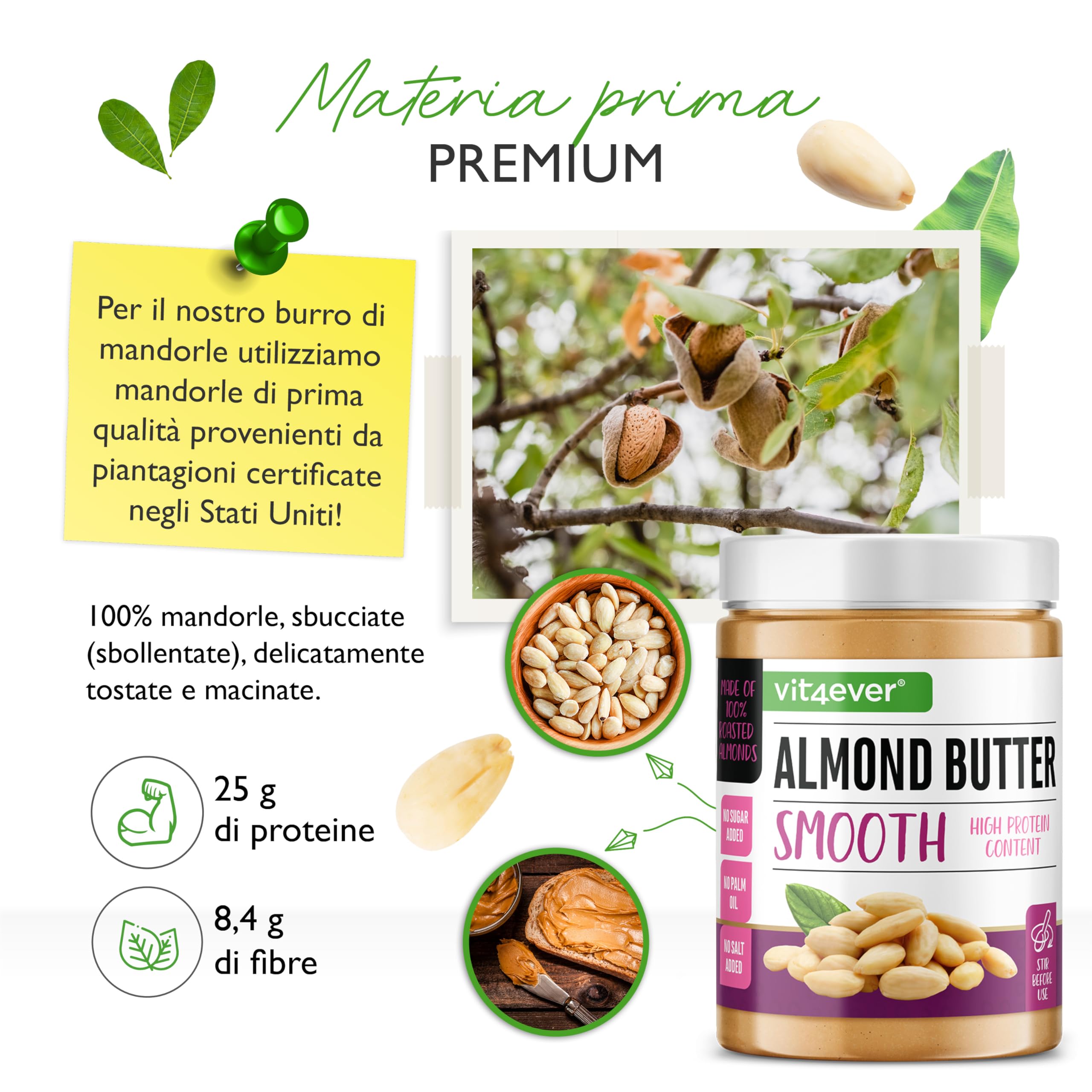 Burro di mandorle naturale liscio 1 kg – 100% mandorle sbollentate – Proteine elevate – Cremoso senza sale, olio o grasso di palma