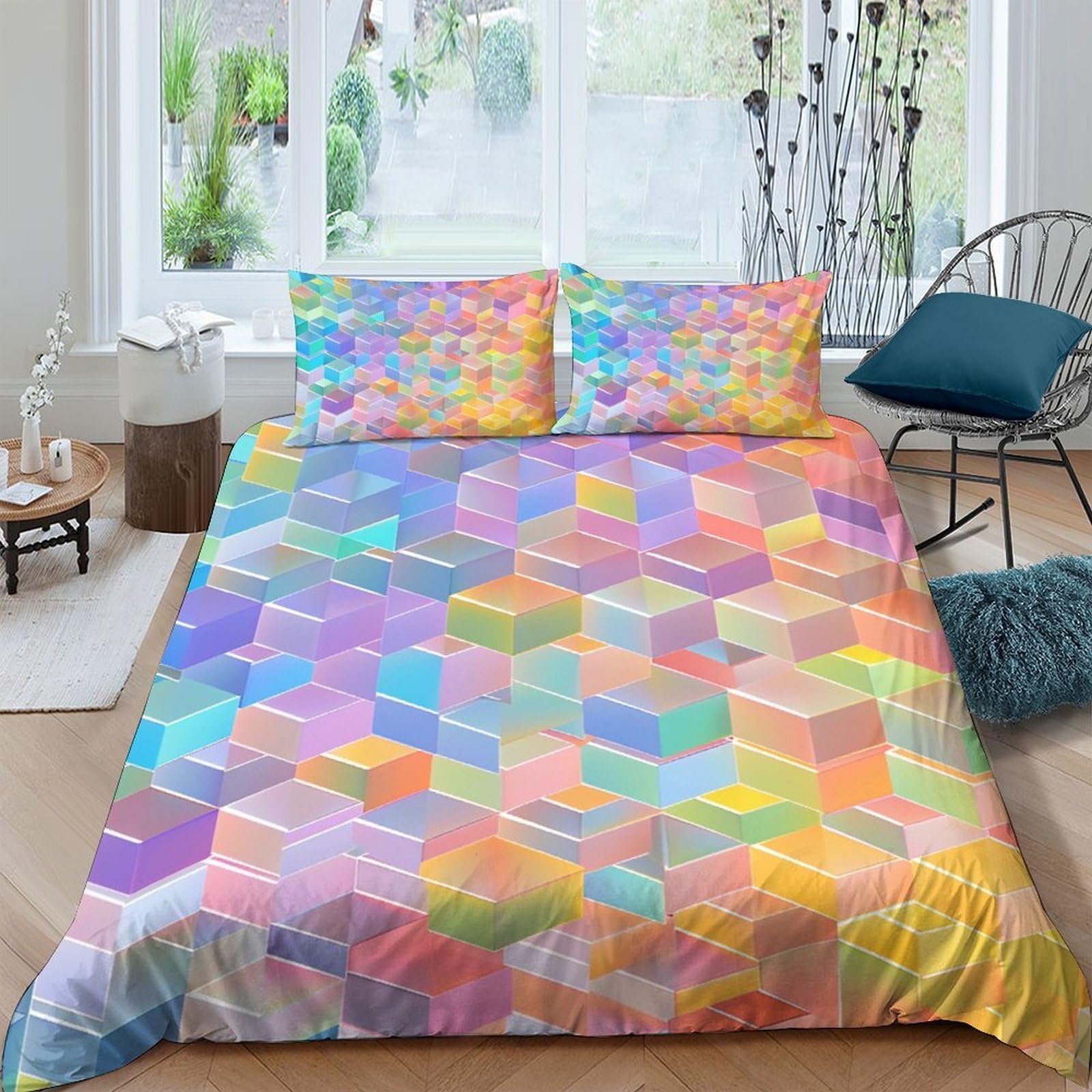 Ctjqhvkz Style-3 3D Printed Colorful Geometric Fitted Sheet Microfiber Soft Bedroom Decor Rainbow Cube Mattress Cover For Home Dorm Single（135X200cm）
