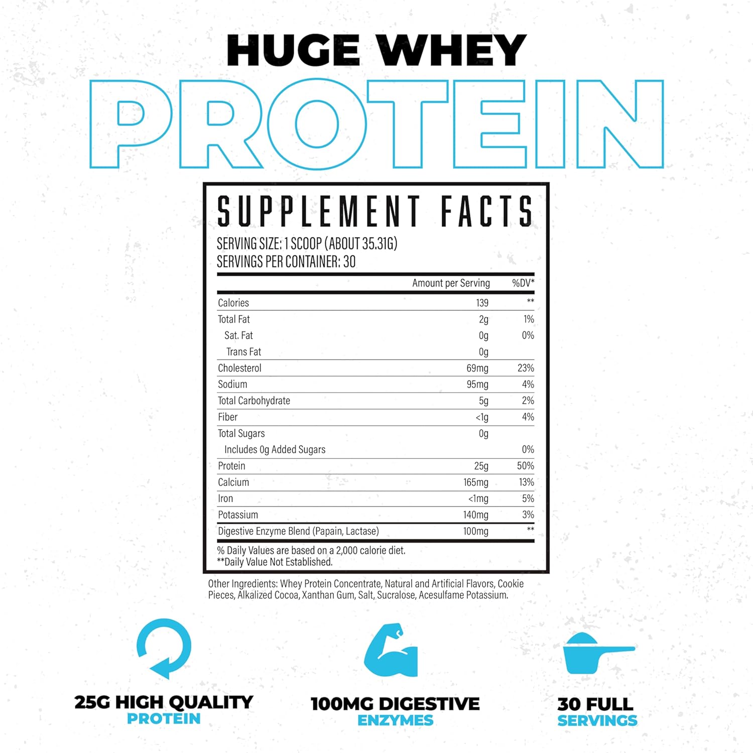 Huge Whey, Protein Powder for Muscle Gain, 25g Protein, 12g EAAs, Supports Muscle Growth, Performance & Recovery (Cookie & Cream, 30 Servings)
