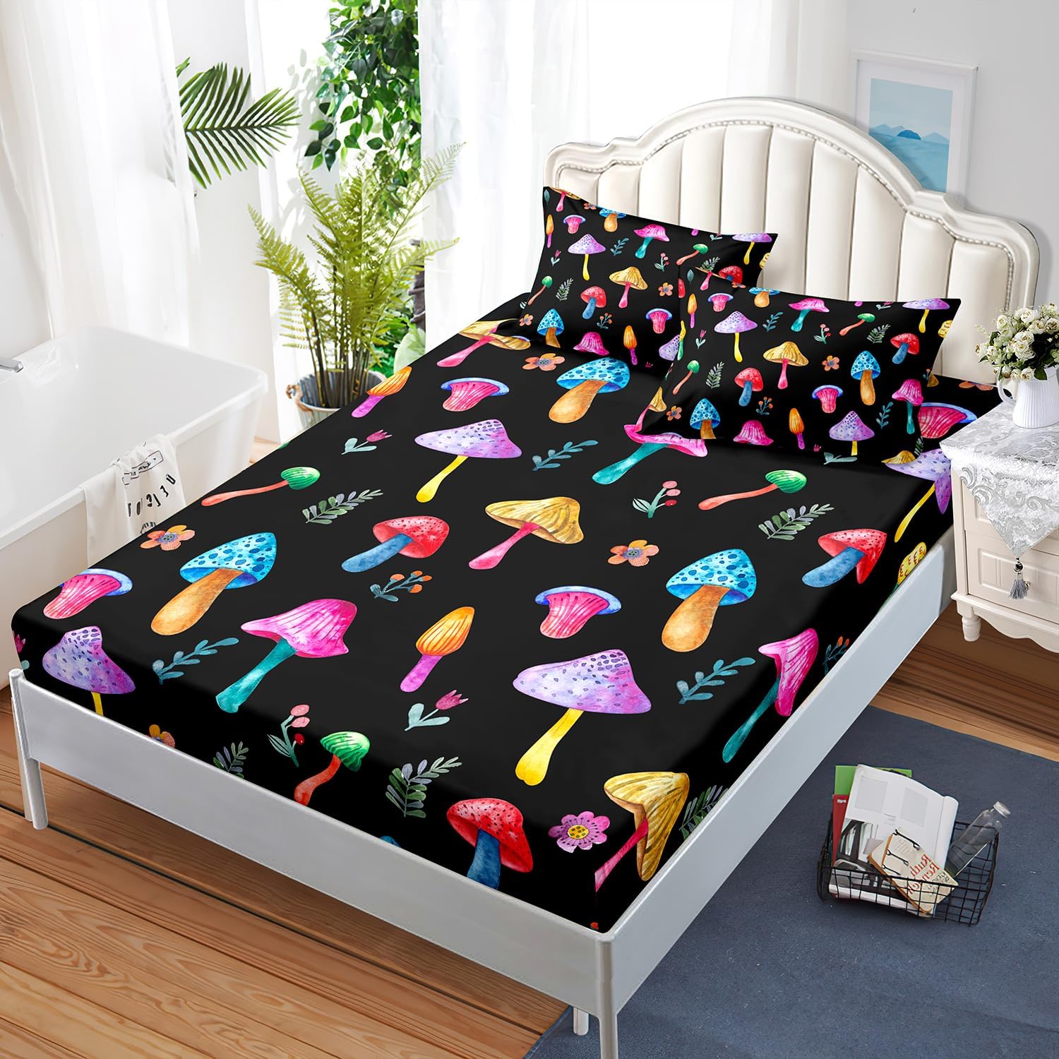 Colorful Mushroom Fitted Sheet Set 3Pcs Kids Quilt Bed Sheets Queen Cute Wild Mushroom Bedding Set for Boys Teens Adult Includes 1 Fitted Sheet,2 Pillowcases