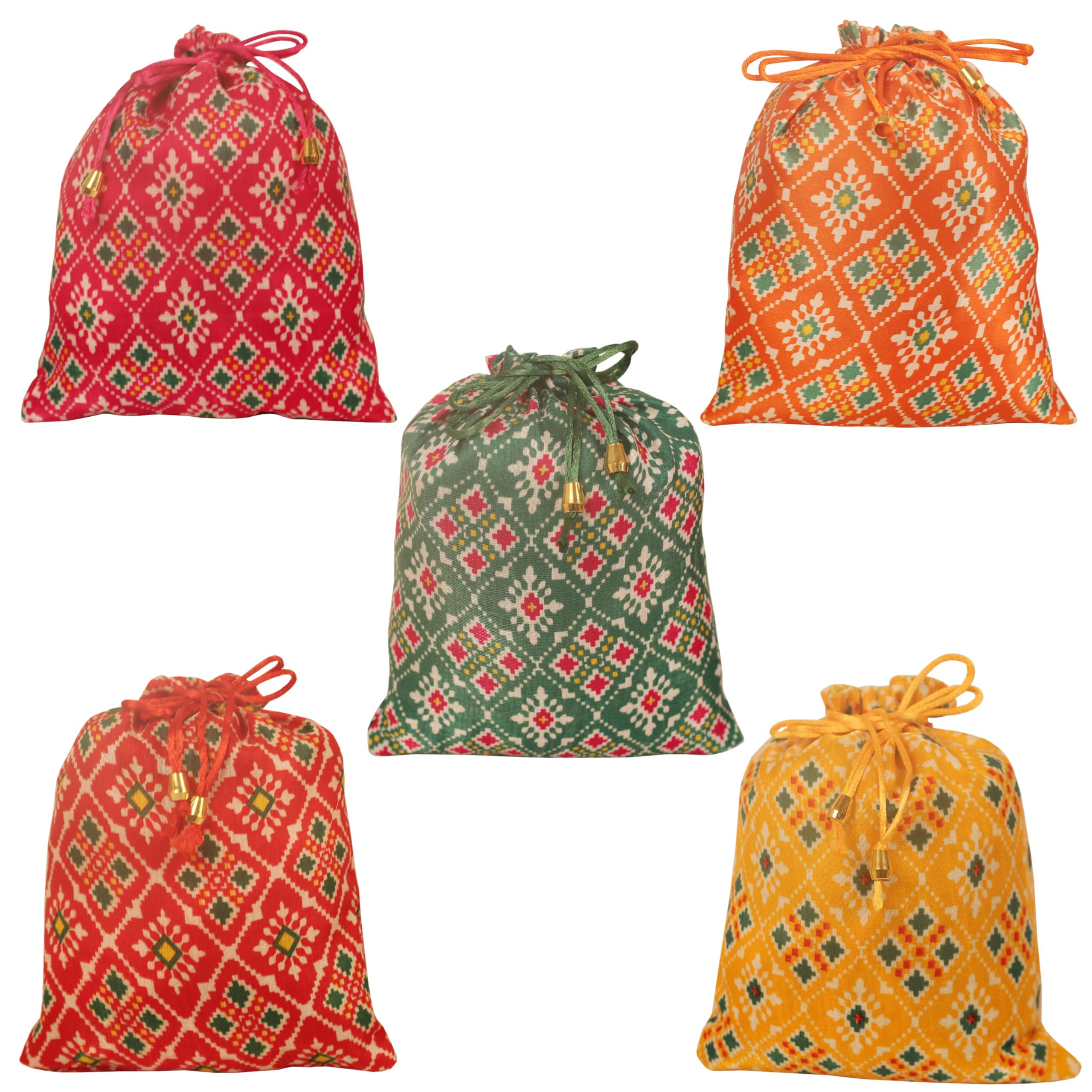 Touchstone Indian Handcrafted Traditional Gujarati Patola Print Multicolor Cotton Silk Fabric Wedding Bridal Party Drawstring Potli Pouches Bags For Gift Jewelry Set of 5 for Women