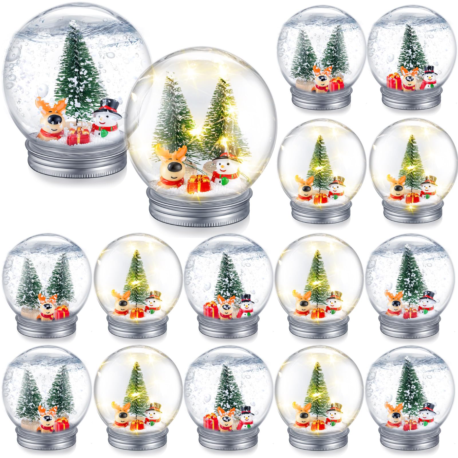 Liliful Lot de 16 boules à neige de Noël à faire soi-même comprenant une boule à neige en plastique LED de 9 cm avec bouchon à visser - Mini arbre de Noël artificiel - Bonhomme de neige, Père Noël