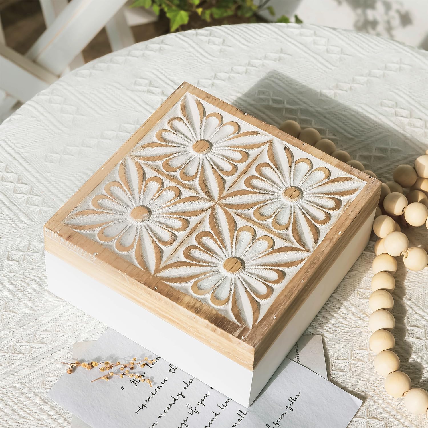 Small Decorative Box with Lid Wooden Keepsake Storage Box Carved Flower Handmade Jewelry Box Rustic Trinket Box Table Organizer - 7.1 x 7.1 x 3.2 Inches - Image 8