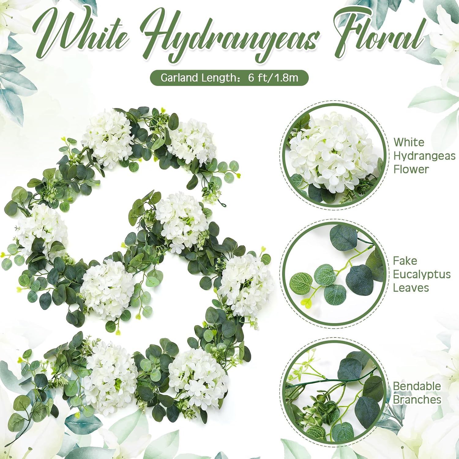 White 6ft Hydrangeas Artificial Floral Garland Decoration for Mantle with Greeny Eucalyptus Summer Spring Fake Flowers Vines for Wedding Wall Arch Home Table Centrepiece Backdrop Fireplace Party