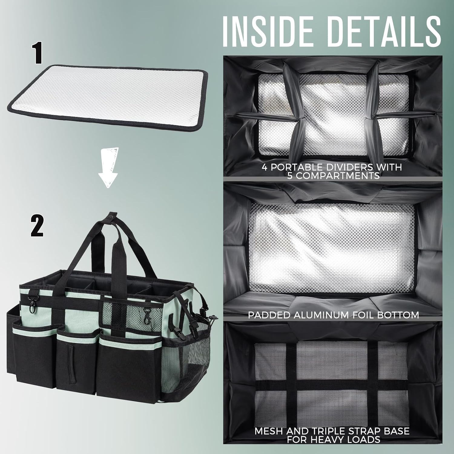 SCAVATA Wearable Cleaning Caddy, Cleaning Caddy Supplies Organizer with Handle & Shoulder Straps for Housekeepers, Under Sink & Car Cleaning Tool Organizers Bag with 4 Foldable Divider (Celadon) image 5