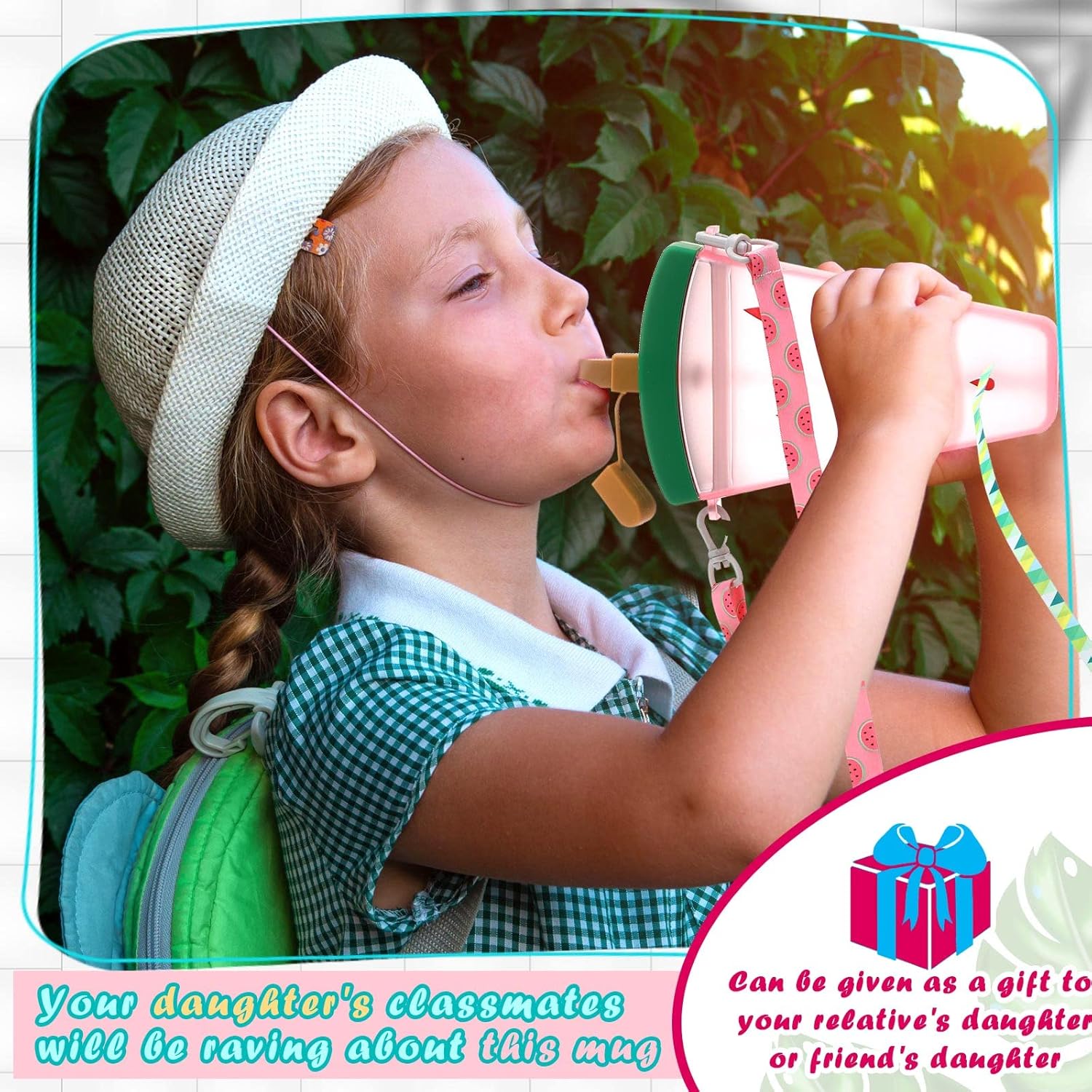 Patelai 8 Pcs Cute Water Bottles with Straw Kawaii Watermelon Ice Cream Cups Leak Proof Drinking Bottles with Adjustable Shoulder Strap for Sports Travel Camping(Stylish Style)