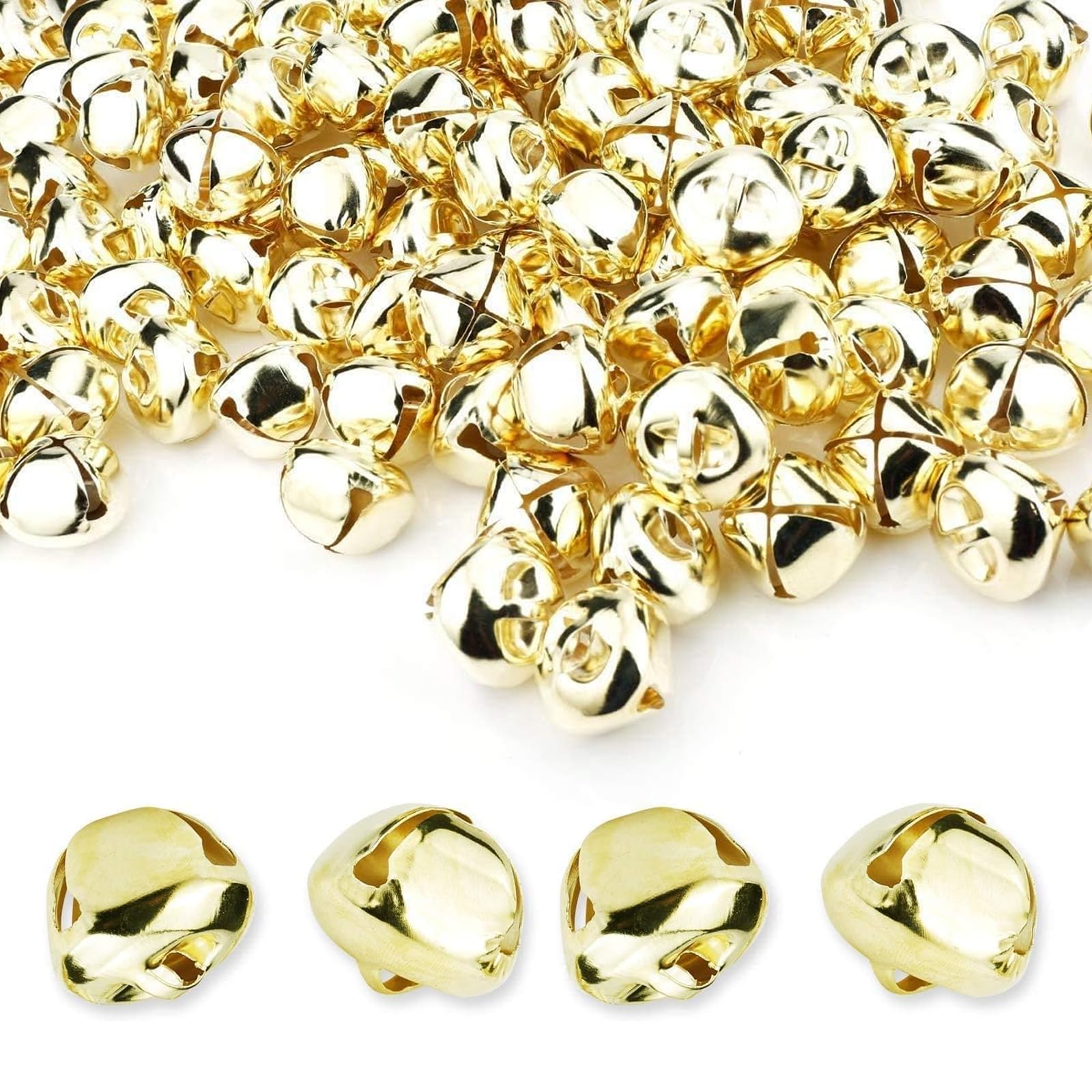 120 stuks kleine belletjes om te knutselen, 12 mm goud, zilveren metalen belletjes voor knutselen met 5 m sleutelkoord en schaar, klemmen belletjes voor doe-het-zelf kerstdecoratie, kattenspeelgoed