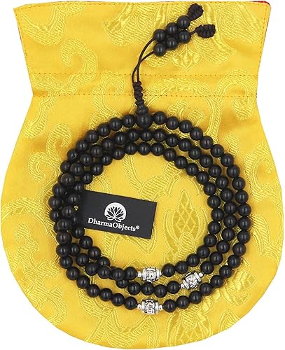 Miniatura 3 de Meditación tibetana 108 cuentas de madera de ébano, cuentas de oración, rosario, cuentas de gurú plateadas, espaciadores (0.236in)