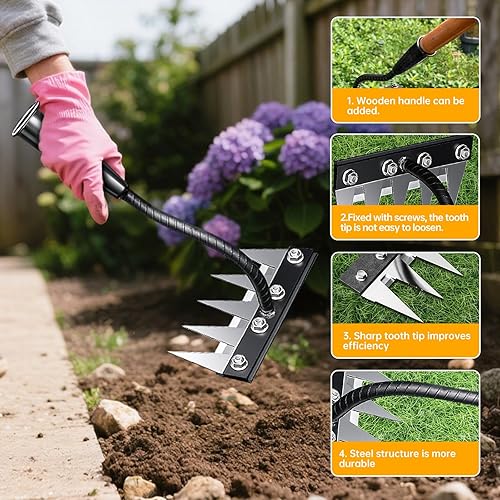 Miniatura 3 de Rastrillo de deshierbe de hierro, herramienta desmontable de 5 dientes para jardinería con agarre ergonómico, herramienta de extracción de