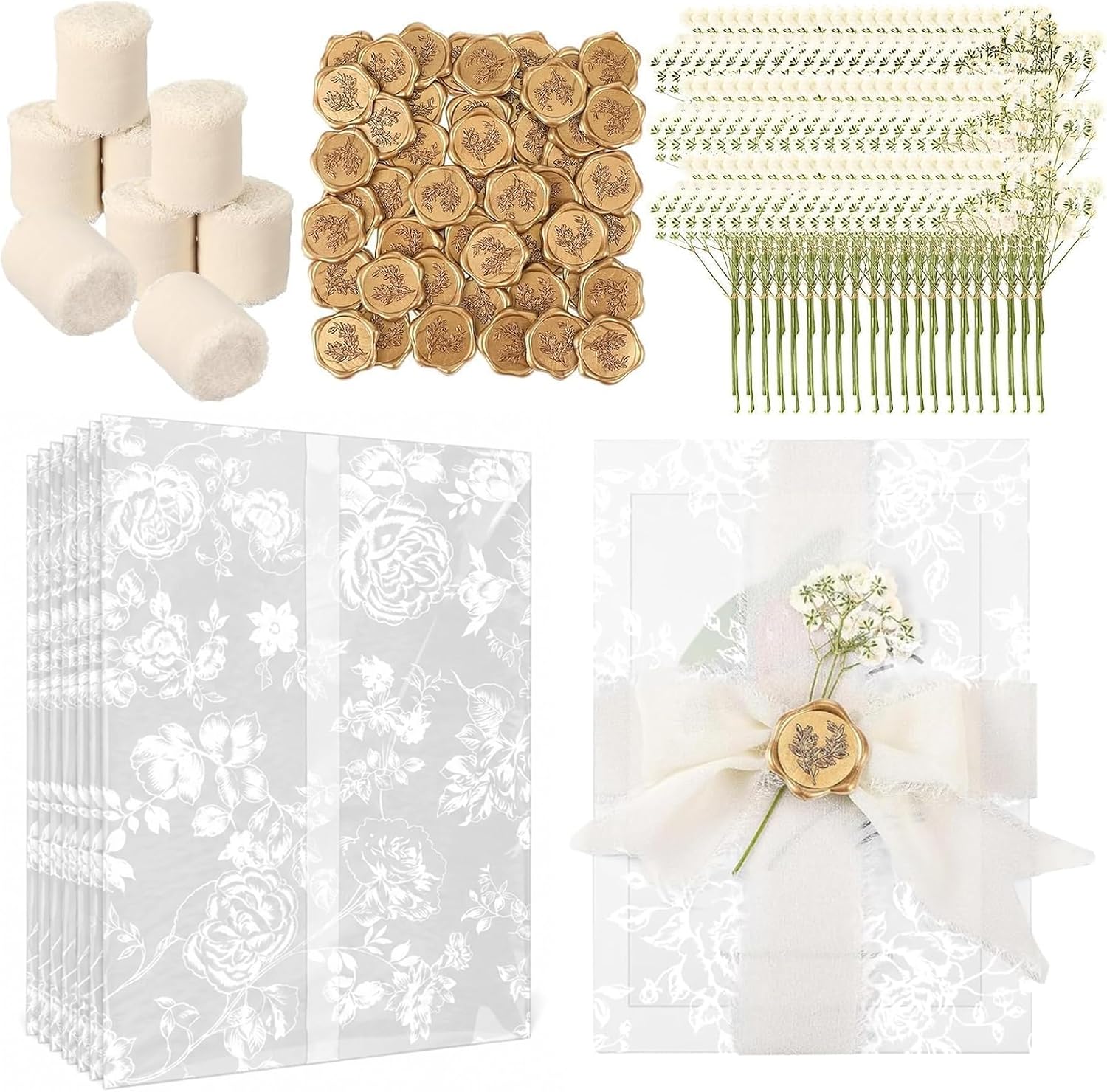 50 Sets Wedding Invitations Wraps with Vellum Jackets, Pre-folded for 5x7 Invitations, Self Adhesive Gold Wax Seal Stickers, Dried Gypsophila Flowers, Chiffon Silk Ribbon for Wedding Craft DIY