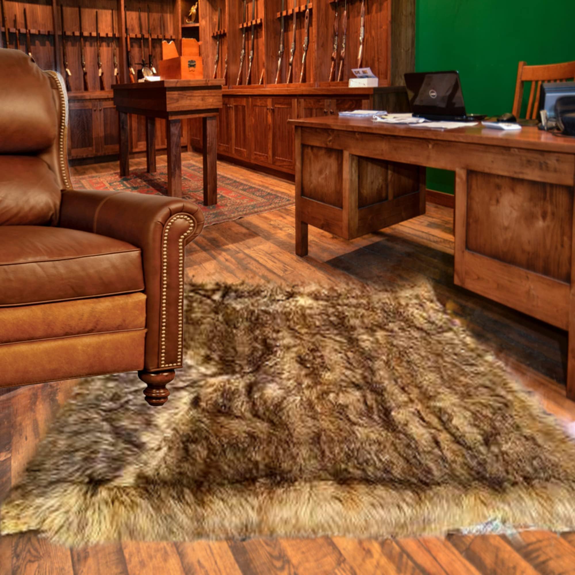 Premium Faux Fur Coyote - Wolf Skin - Bear Skin Area Rug - Golden Brown - Plush Shaggy Shag - Pelt - Hide - Sheepskin - Throw Carpet (5'x7')