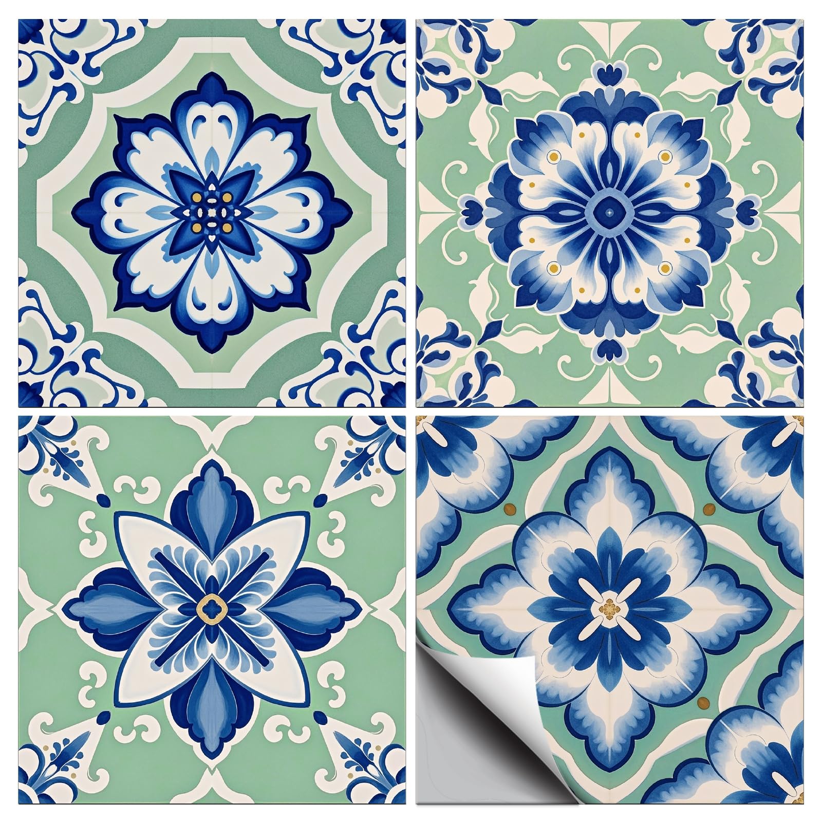 CONCHLERY 36 Pcs 4 Style Tile Stickers Retro Style Peel and Stick Pastoral Pattern Wall Tile Stickers Waterproof Self Adhesive Blue-Green Pattern Stick on Tiles Decals for Kitchen Bathroom, 4×4 Inch