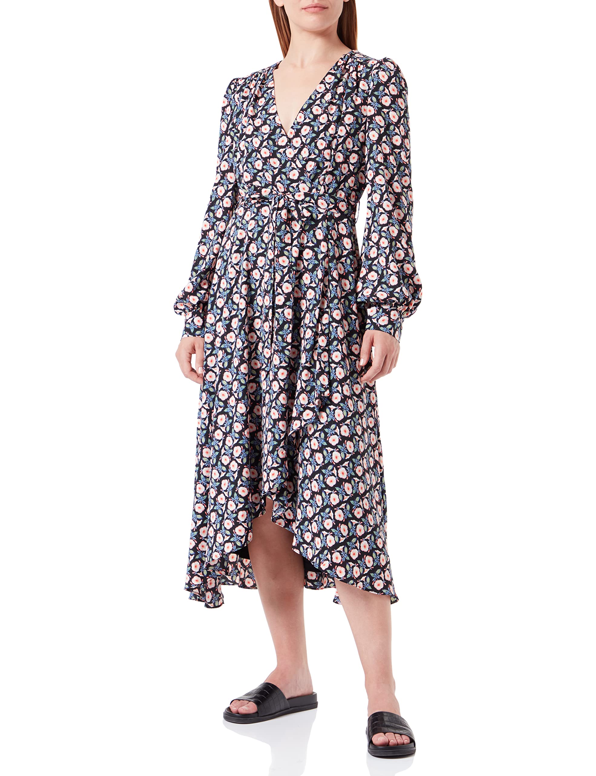 Liquorish Women's Floral Foliage Print Midi Dress in Multicolour Wedding, Black, 14