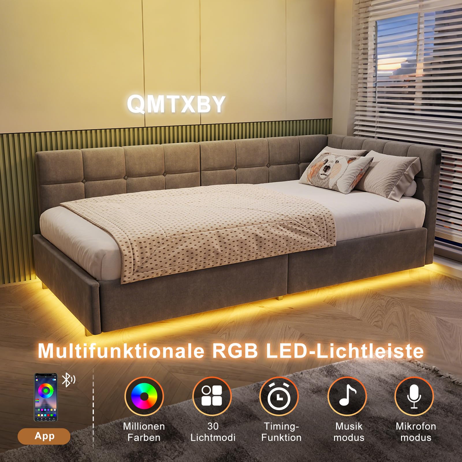 Łóżko dziecięce 90 x 200 z oświetleniem LED i gniazdem USB, hydrauliczne miejsce do przechowywania, sofa 90 x 200 z wymiennymi ścianami bocznymi, łóżko tapicerowane z platformą, aksamit