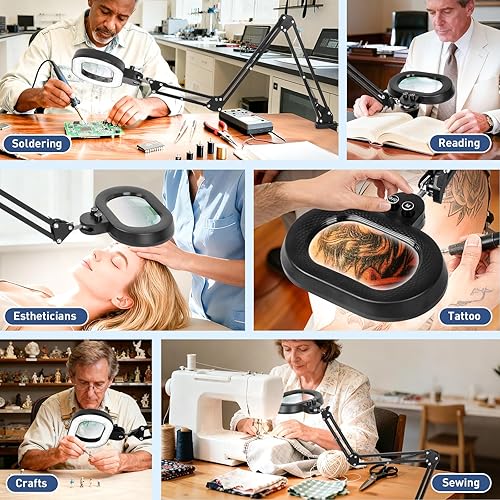 Miniatura 7 de KIRKAS Lupa de 12X con luz, rotación de tres ejes, lupa de brazo extra largo para banco de trabajo, reparación de manualidades, costura, lupa con